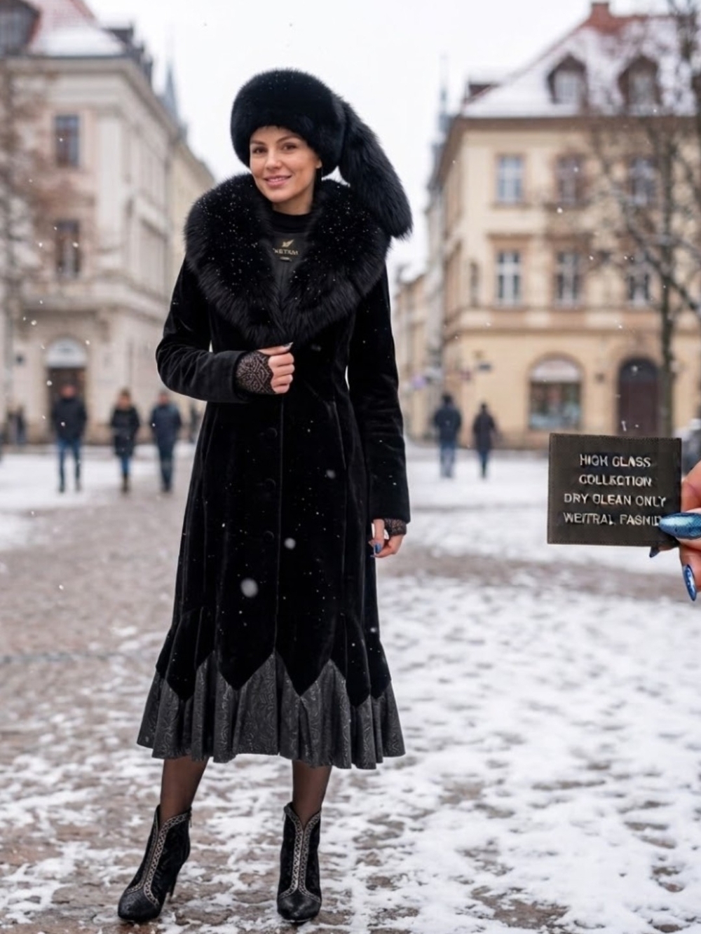 WEITRAL FASHION Real Silver Fox Collar Straight Karakul Leather Coat 14-16